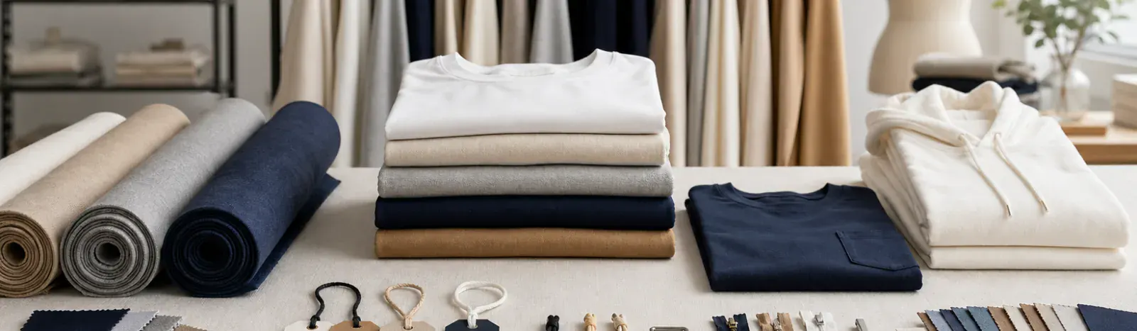 Funda Sourcing apparel sourcing banner with garments, fabric samples, and private-label clothing materials