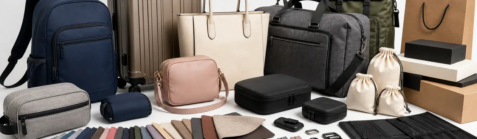 Funda Sourcing bags and cases sourcing banner with luggage, handbags, backpacks, and custom carrying goods