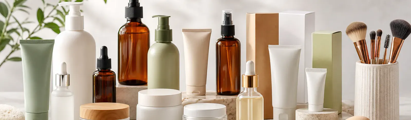 Funda Sourcing beauty product sourcing banner with skincare bottles, cosmetic tubes, and personal care packaging