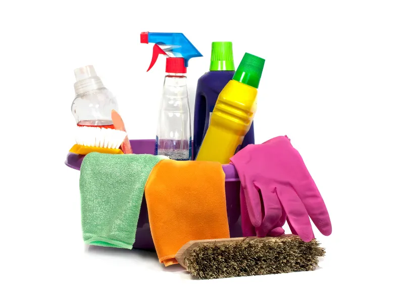 Funda Sourcing cleaning accessories product sourcing image with cloths, scrubbers, brushes, mops, and supporting cleaning tools