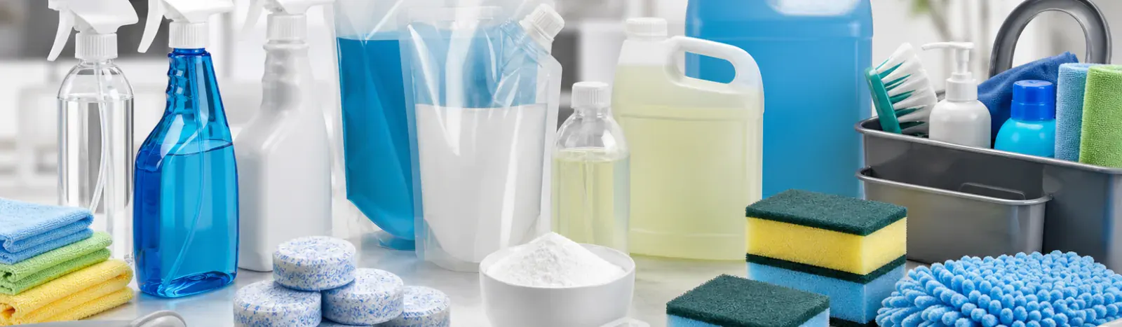 Funda Sourcing cleaning systems sourcing banner with refillable bottles, cleaning tablets, concentrates, and packaging