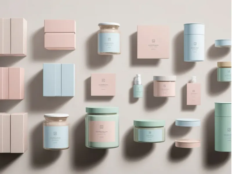 Funda Sourcing cosmetic packaging product sourcing image with compare bottles, jars, tubes, pumps, caps, cartons, and branded packaging formats