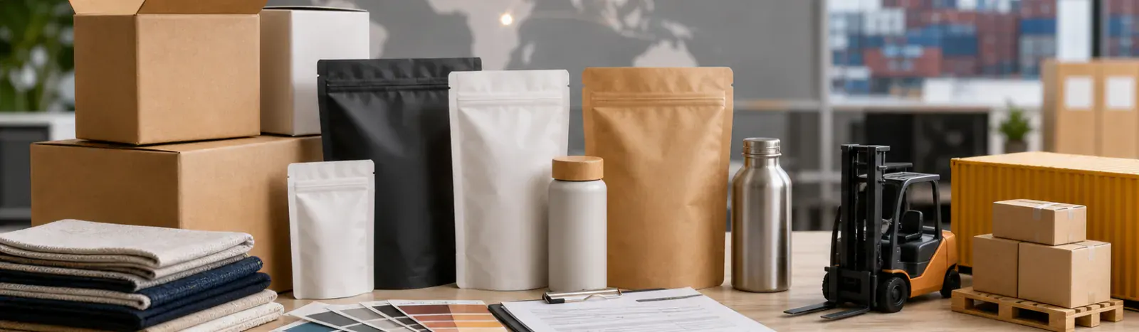 Funda Sourcing custom product sourcing banner with assorted product samples, packaging, and supplier sourcing support