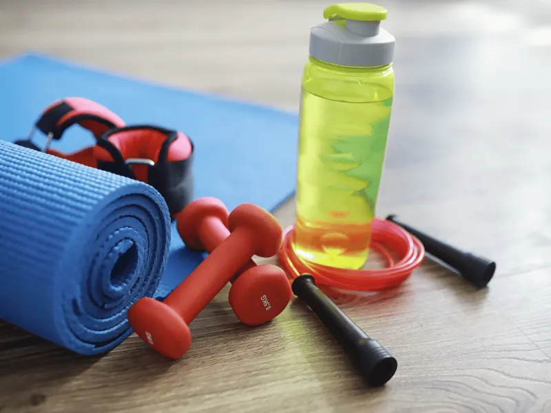Funda Sourcing fitness accessories product sourcing image with bands, mats, rollers, straps, and compact workout accessories