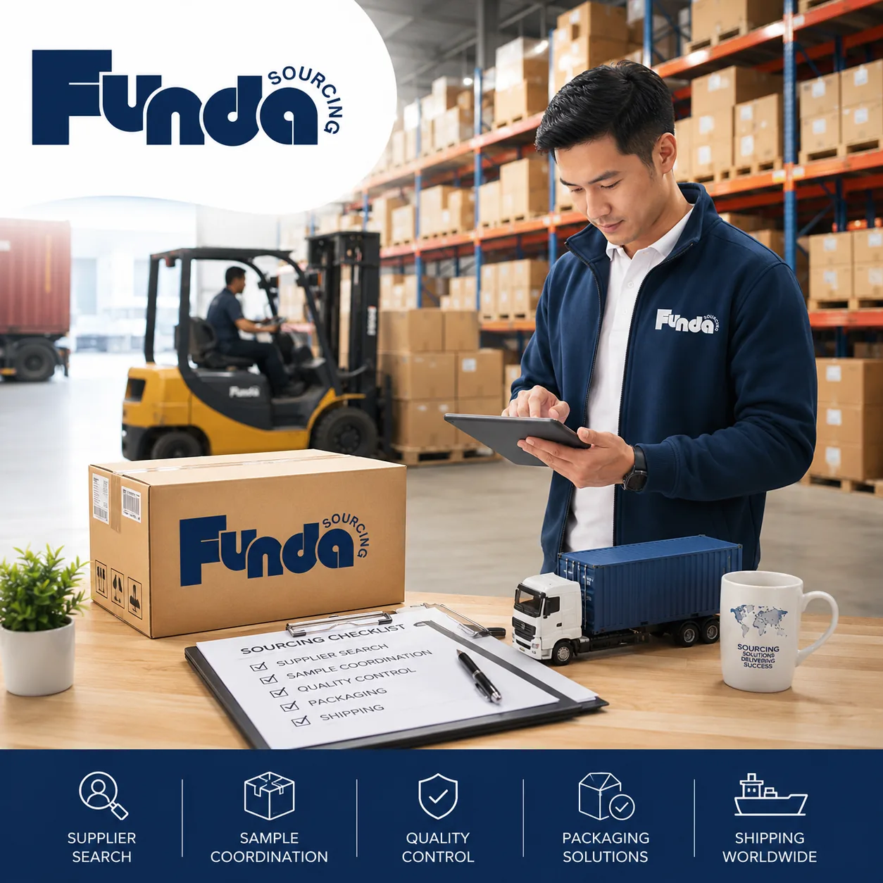 Funda Sourcing blog homepage image showing China and Asia sourcing, warehouse logistics, supplier coordination, quality control, packaging, and shipping workflow