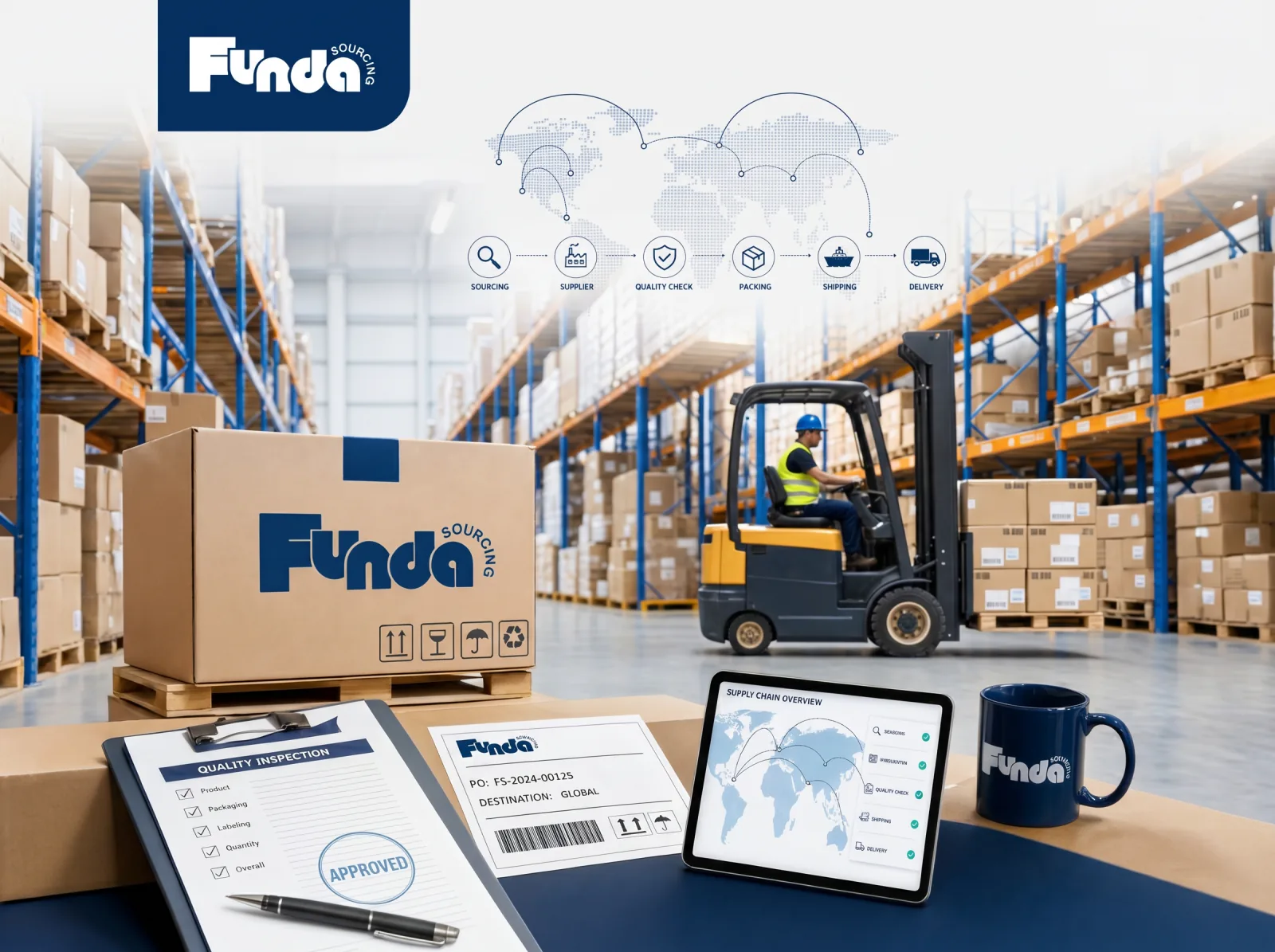 Funda Sourcing how it works image showing China and Asia sourcing process, supplier coordination, quality inspection, packaging, warehouse logistics, and global shipping