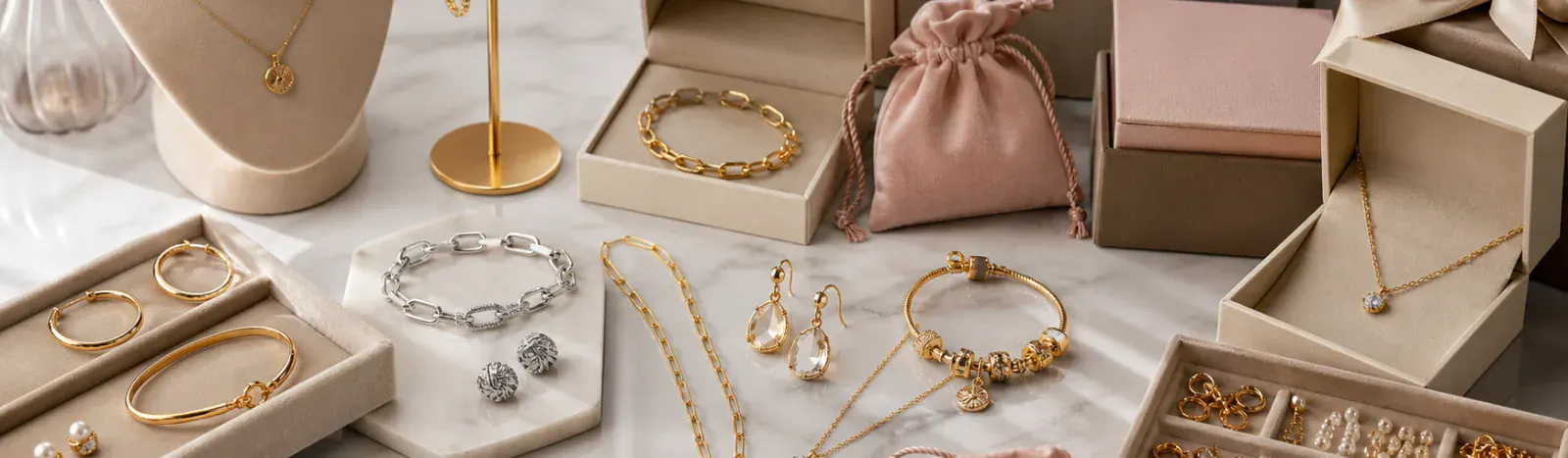 Funda Sourcing jewelry sourcing banner with fashion jewelry, accessories, packaging, and custom product options