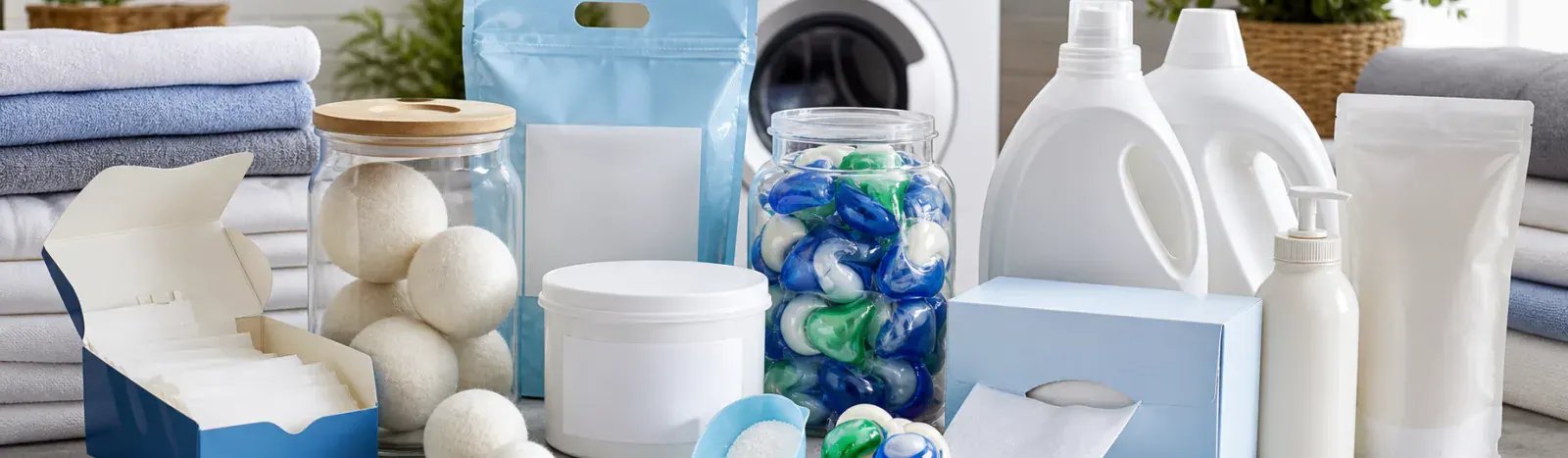 Funda Sourcing laundry care sourcing banner with detergent sheets, dryer balls, refill packaging, and private-label cleaning products