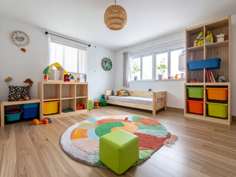Funda Sourcing nursery storage product sourcing image with baskets, bins, racks, and child-friendly storage items