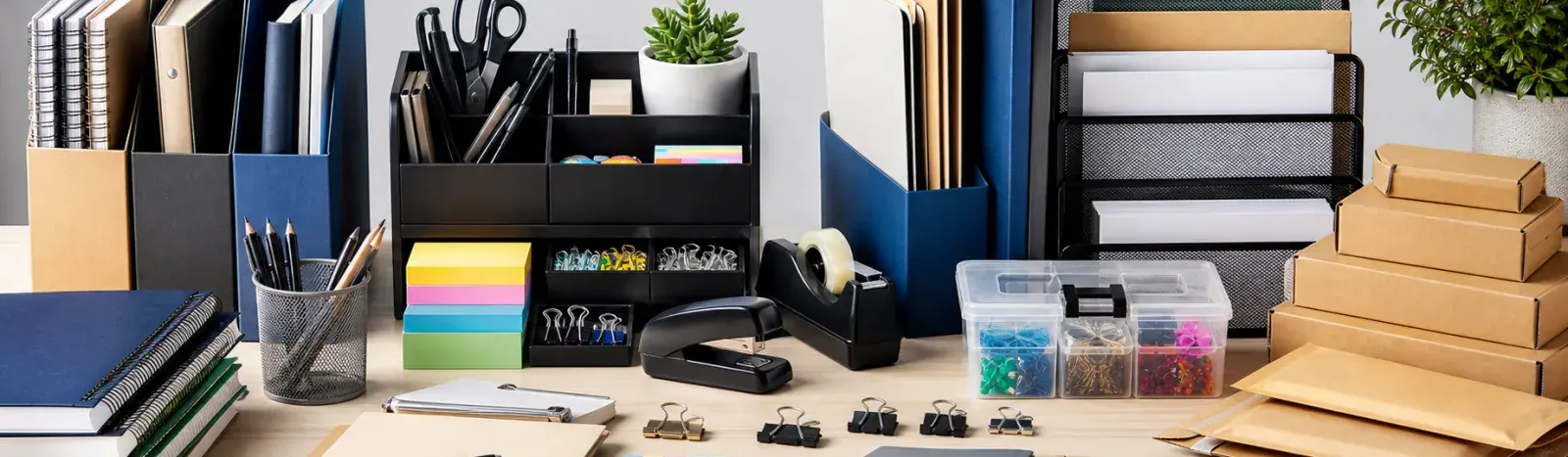 Funda Sourcing office supplies sourcing banner with stationery, desk accessories, packaging, and business supplies