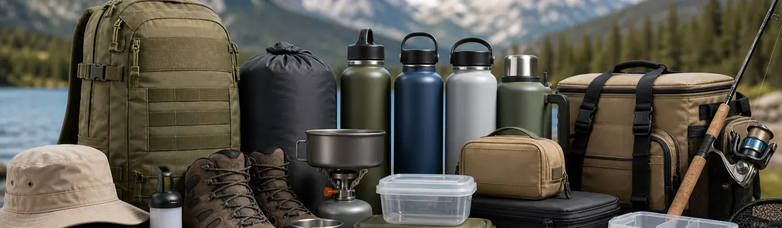 Funda Sourcing outdoor products sourcing banner with camping, hiking, fishing, and outdoor equipment