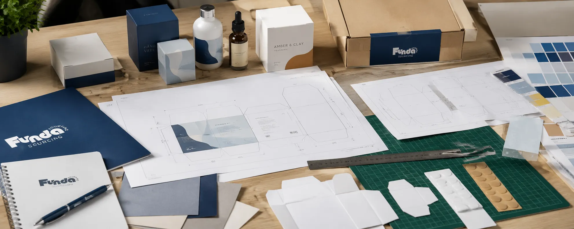 Package design workspace with dielines, color swatches, branded boxes, bottles, and shipping packaging