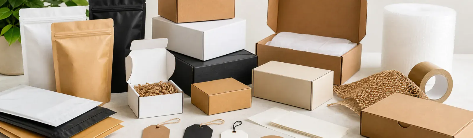 Funda Sourcing packaging sourcing banner with boxes, pouches, labels, inserts, and retail packaging options
