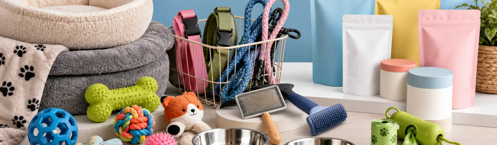 Funda Sourcing pet supplies sourcing banner with pet toys, grooming products, beds, bowls, and packaging