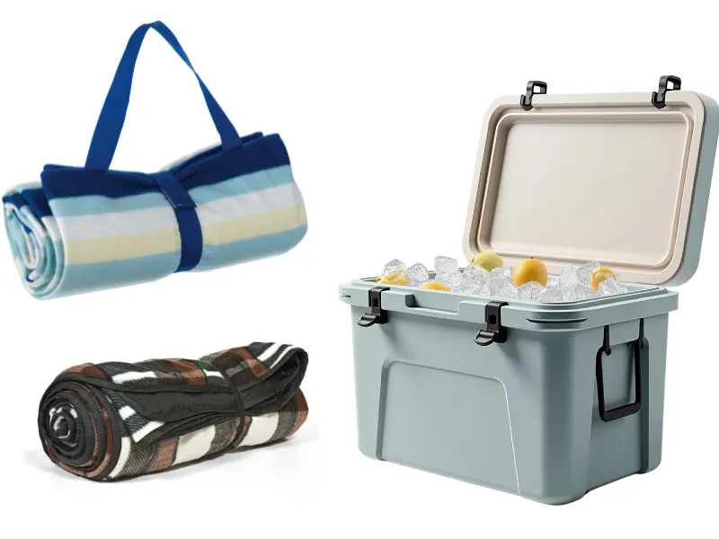 Funda Sourcing picnic & beach products product sourcing image with mats, coolers, blankets, umbrellas, and seasonal outdoor goods