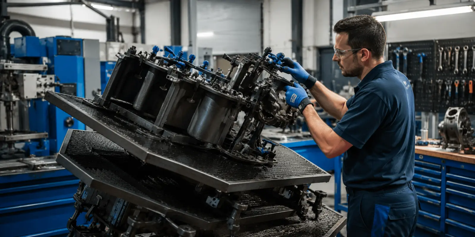Workshop technician reviewing a production mold during product development