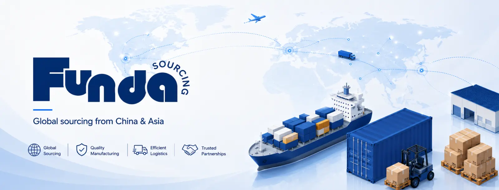 Funda Sourcing global sourcing map with shipping, air freight, and China and Asia logistics routes