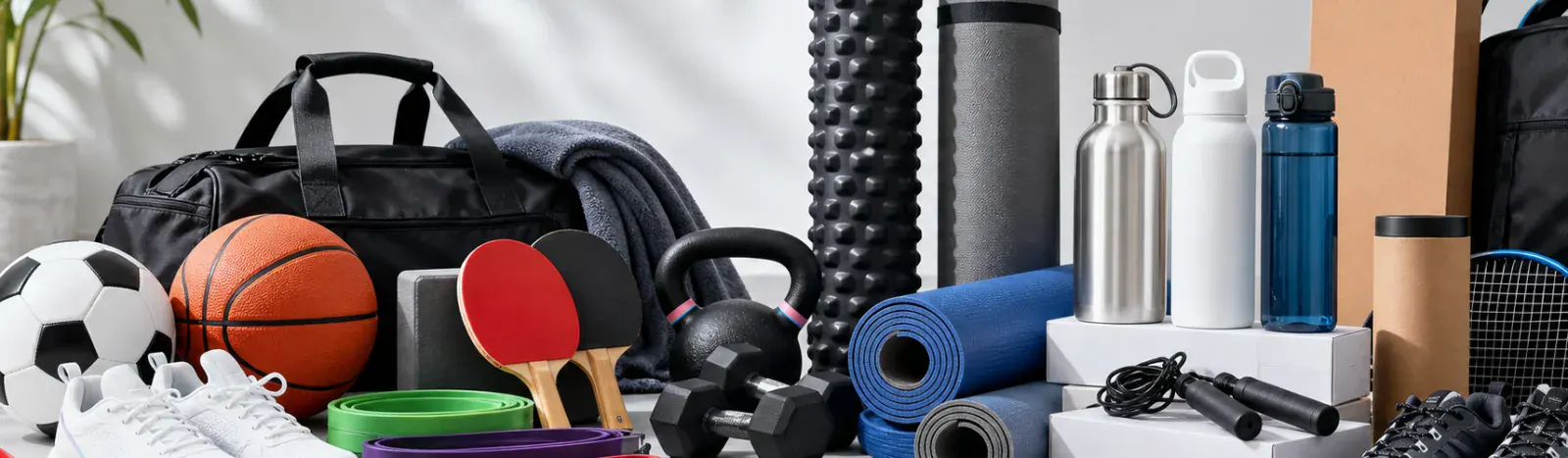 Funda Sourcing sports product sourcing banner with fitness, outdoor, and athletic equipment