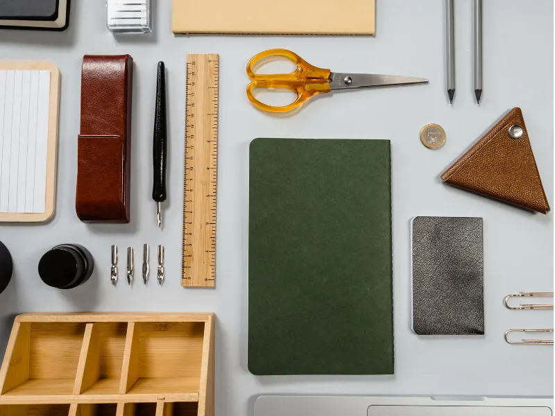 Funda Sourcing stationery product sourcing image with notebooks, pens, folders, planners, and branded paper goods