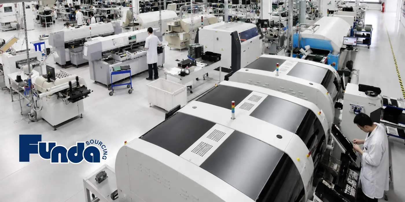 Modern electronics factory floor viewed during a supplier visit