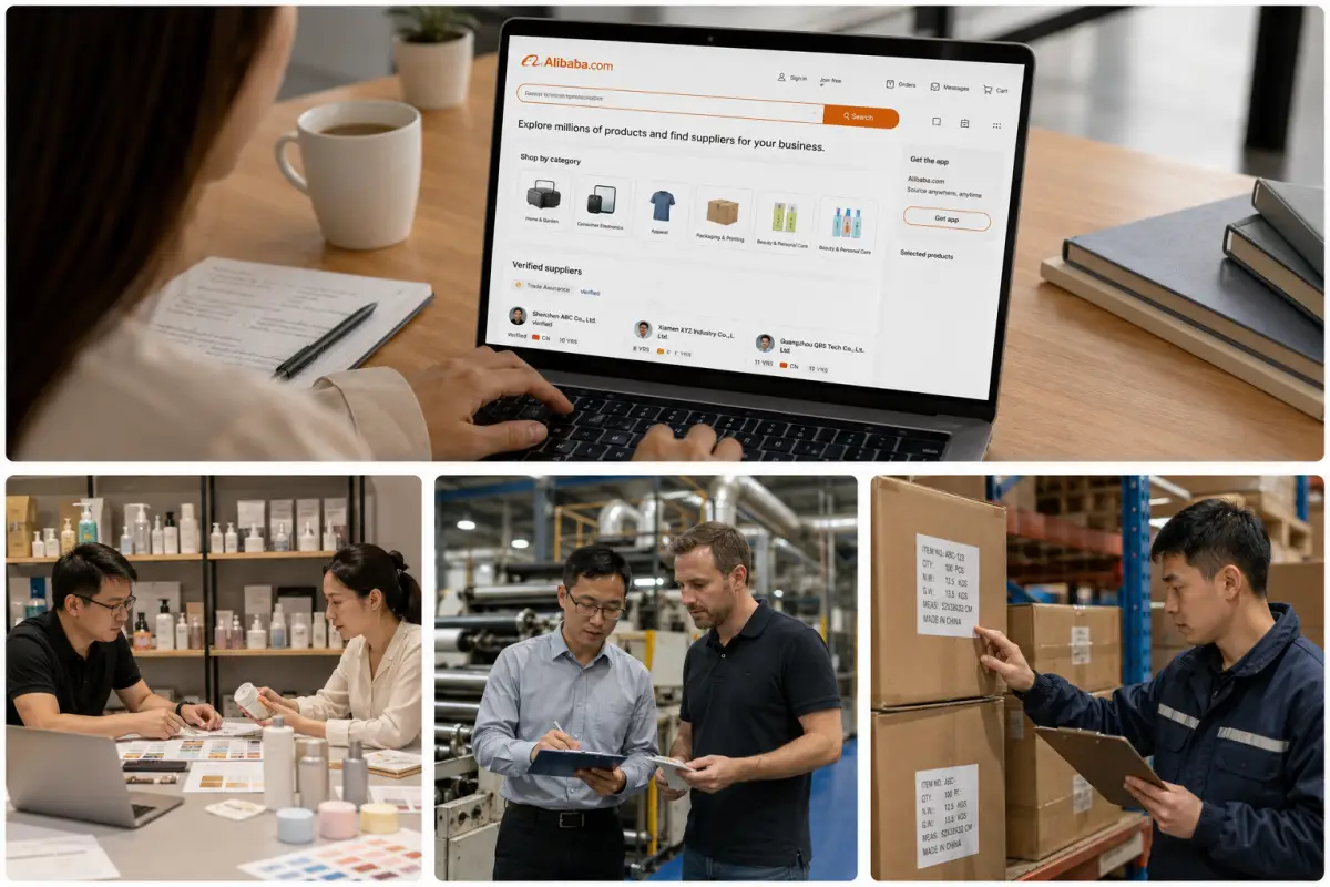 Buyer researching Alibaba suppliers with product notes, sample review, factory coordination, and carton inspection
