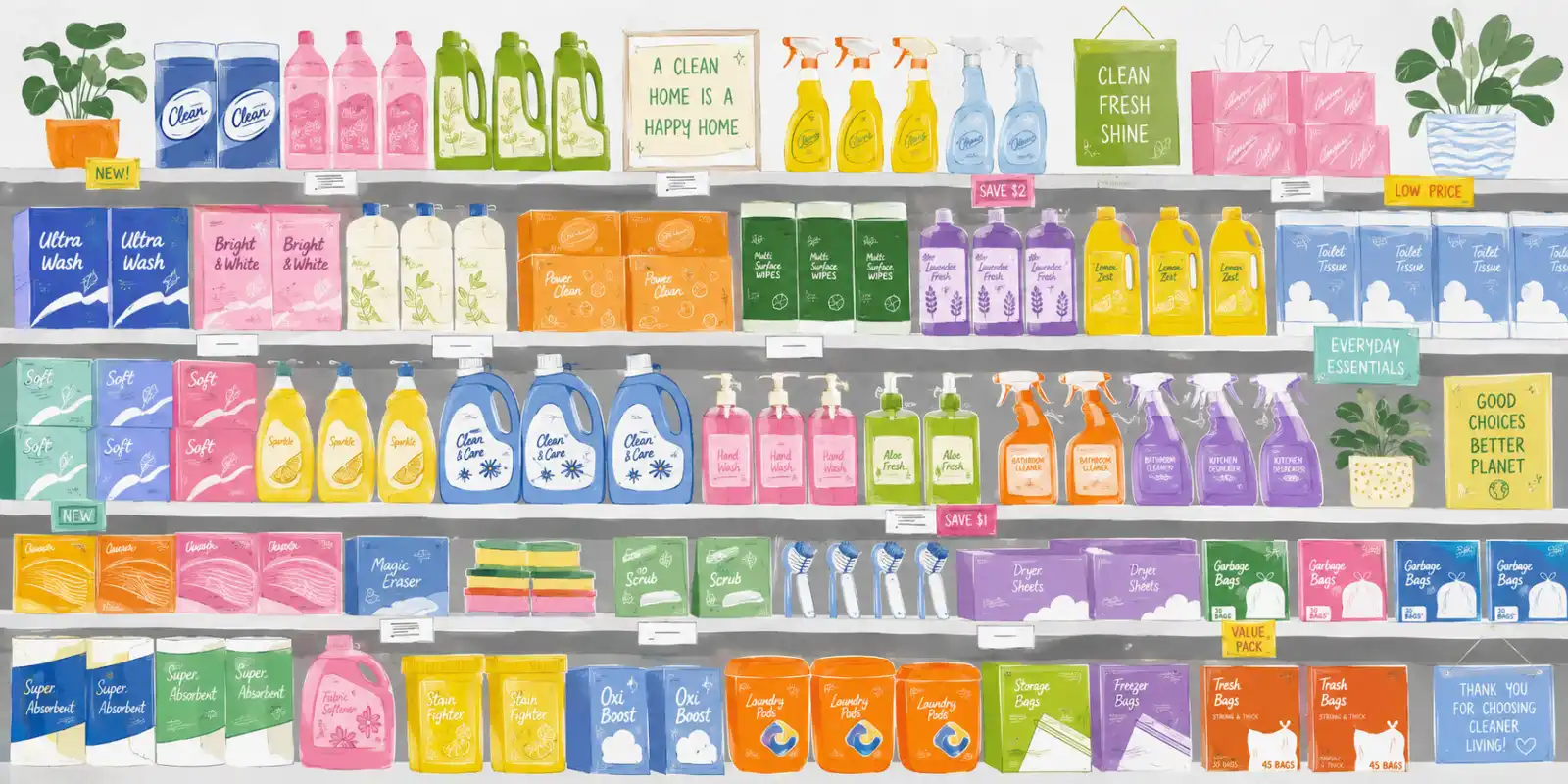 Private label household cleaning products arranged on retail shelves