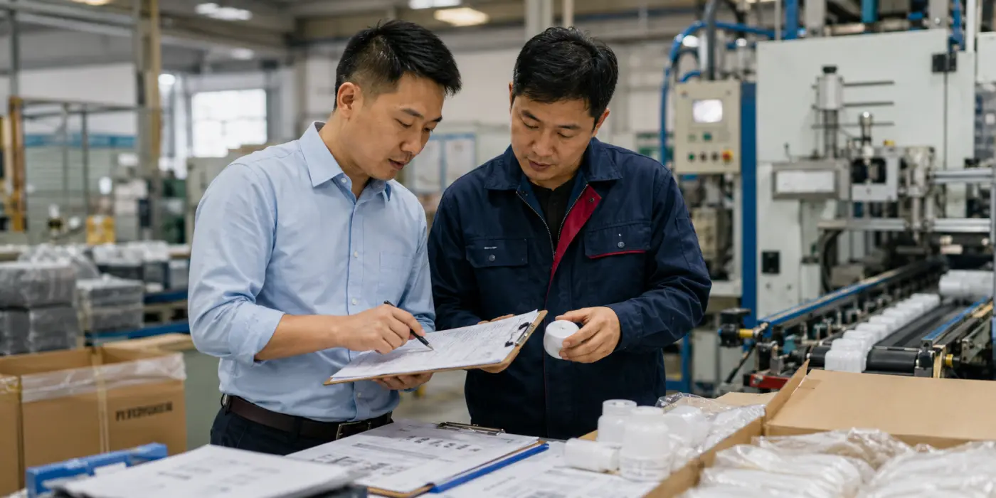 Factory team reviewing product specifications and sample details before production starts