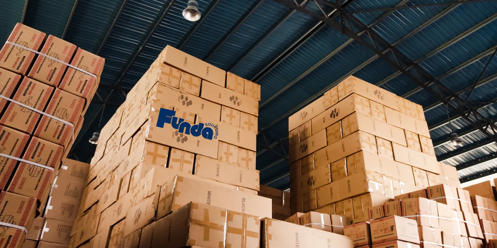 Warehouse cartons prepared for product sourcing and shipping coordination