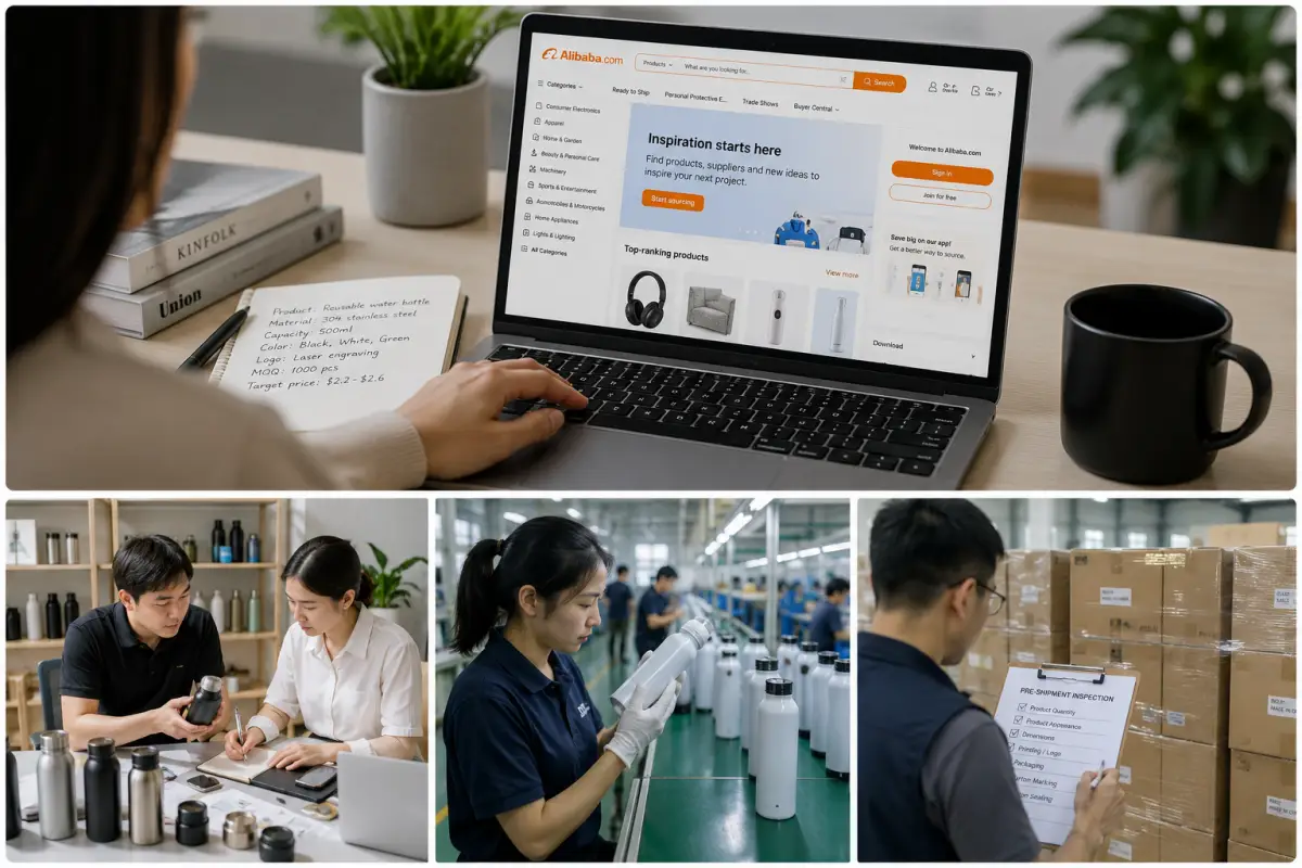 Alibaba sourcing workflow with RFQ notes, sample review, production checks, and pre-shipment inspection