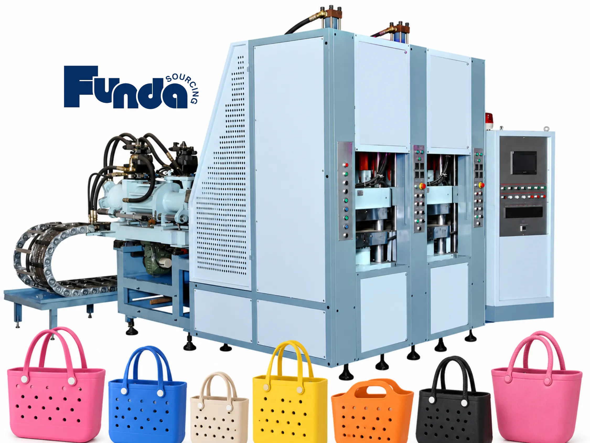 Molding machine displayed with colorful EVA tote bags and the Funda Sourcing logo