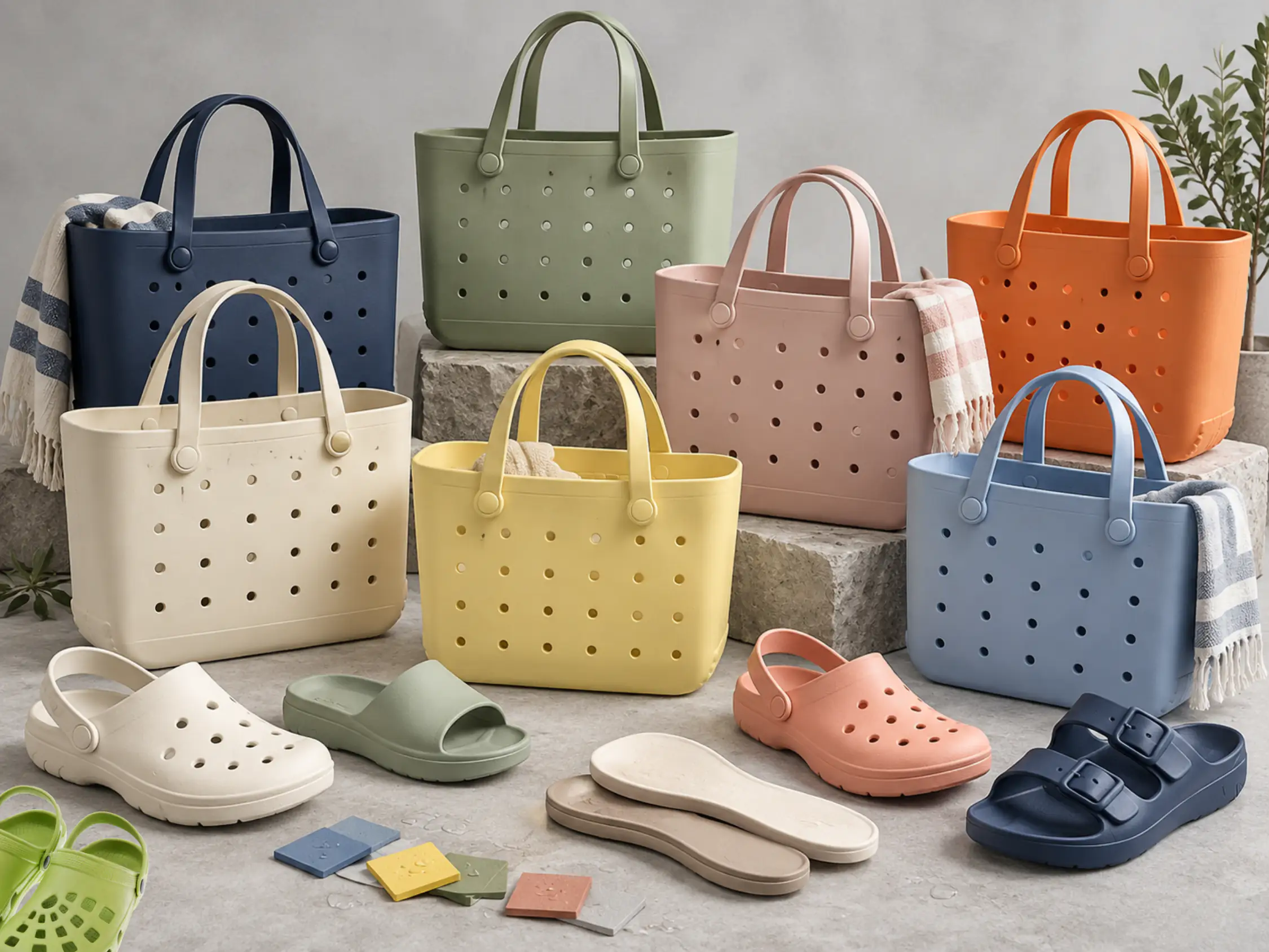 EVA tote bags in multiple colors and sizes, displayed with sandals and material color swatches