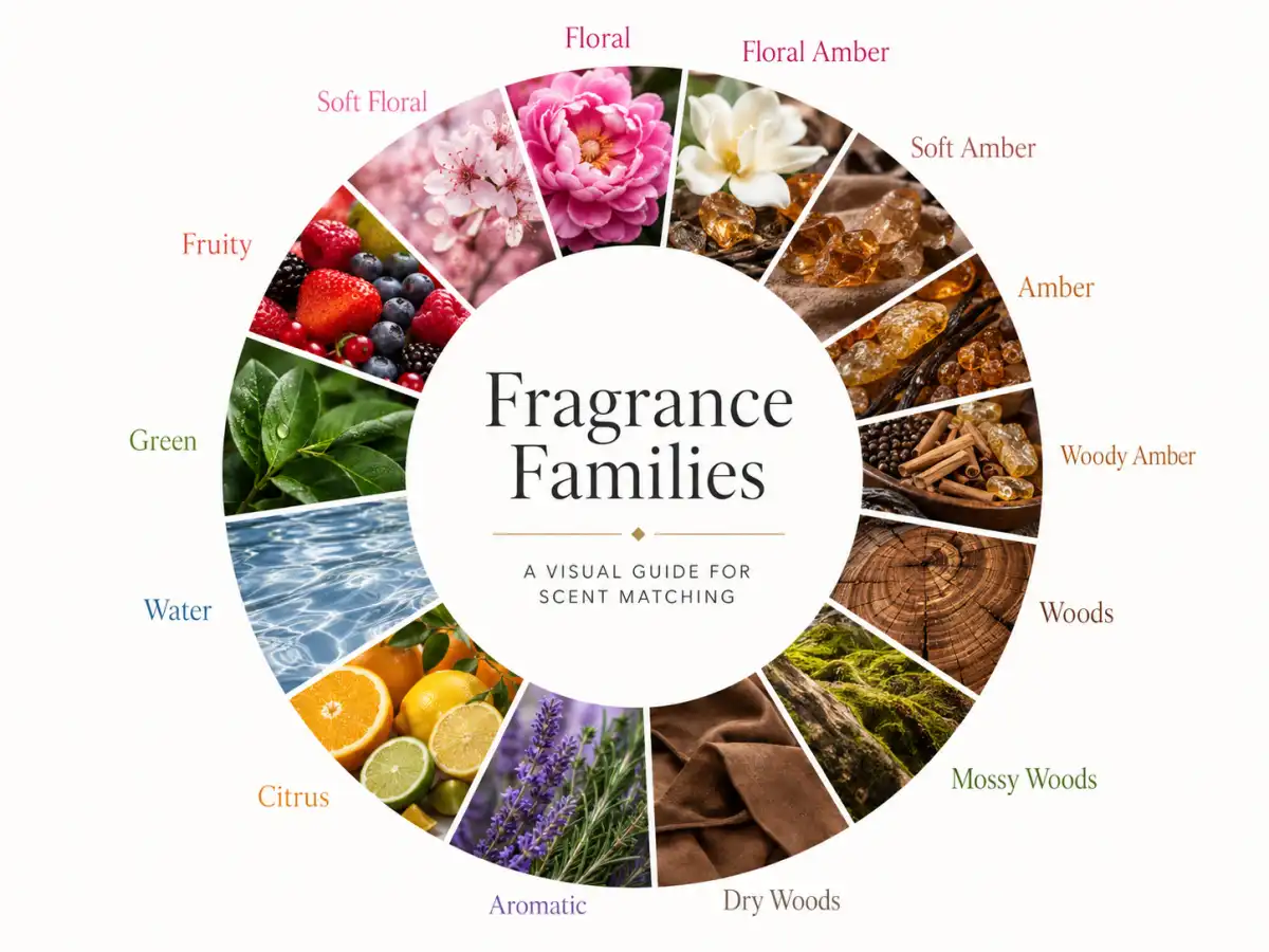 Fragrance families visual guide for scent matching and olfactive comparison
