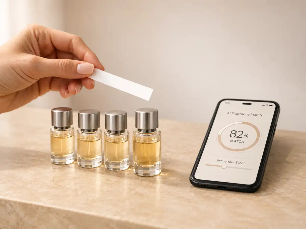 Fragrance matching sample evaluation with blotter strips and coded oil trials