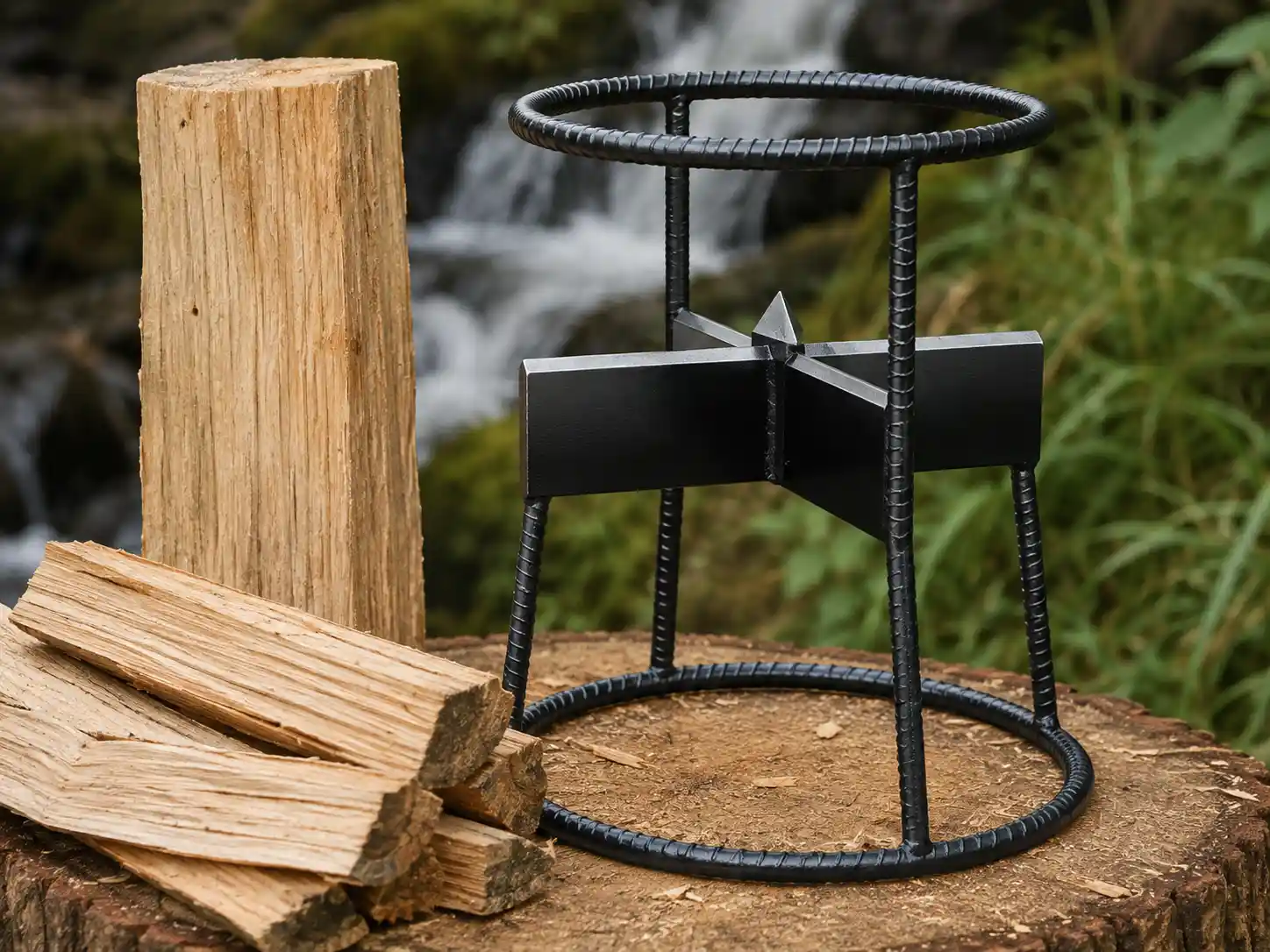 Gravity-assisted firewood splitter for outdoor fire preparation