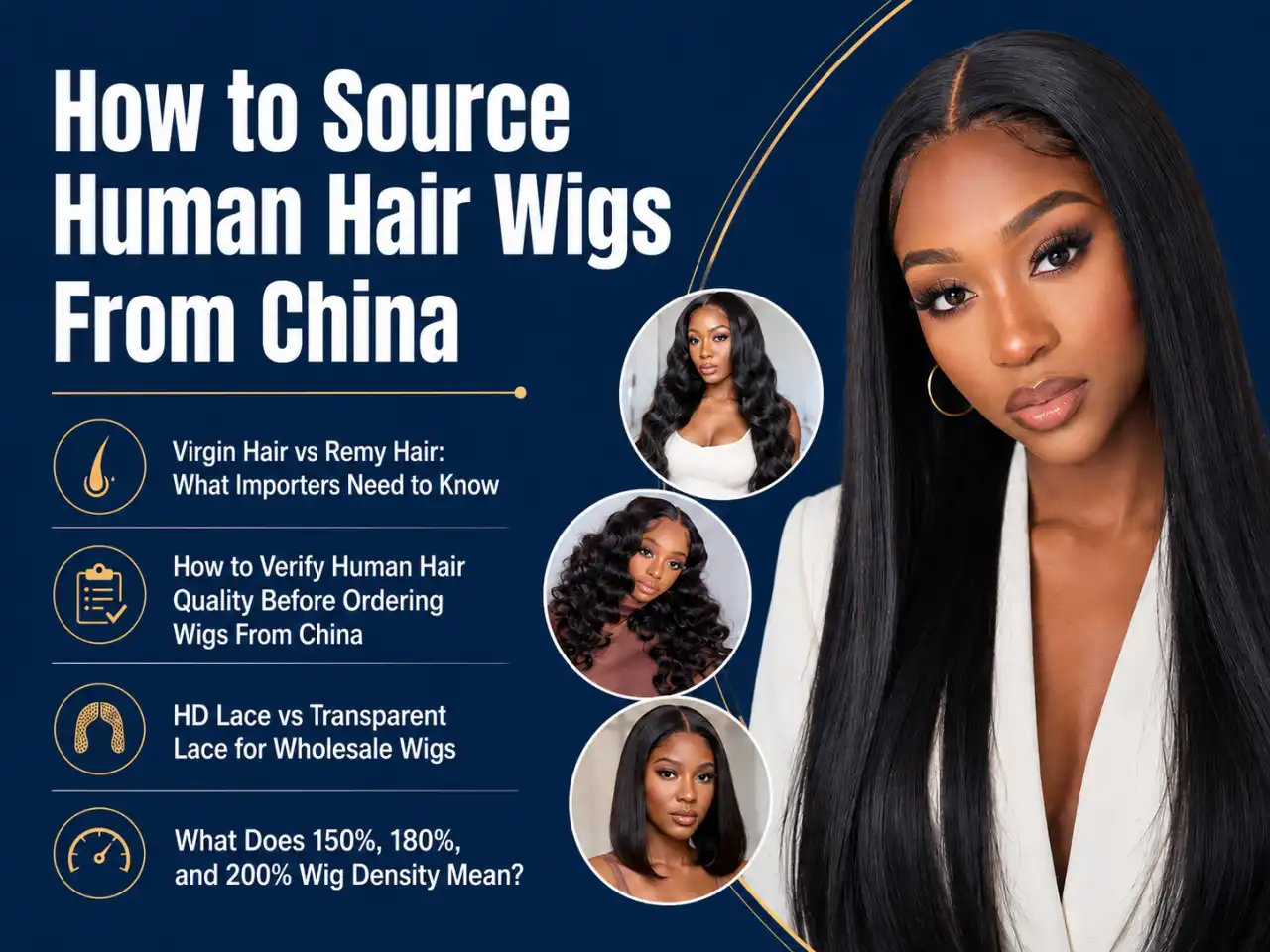 Human hair wig sourcing guide covering hair quality, lace type, and wig density