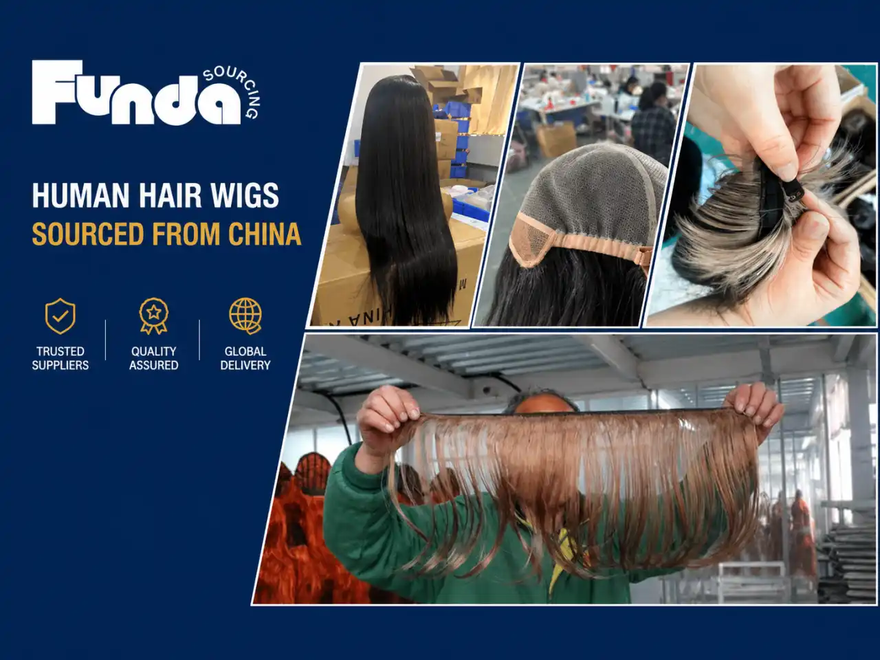 Human hair wigs sourced from China with hair, cap, and lace construction views