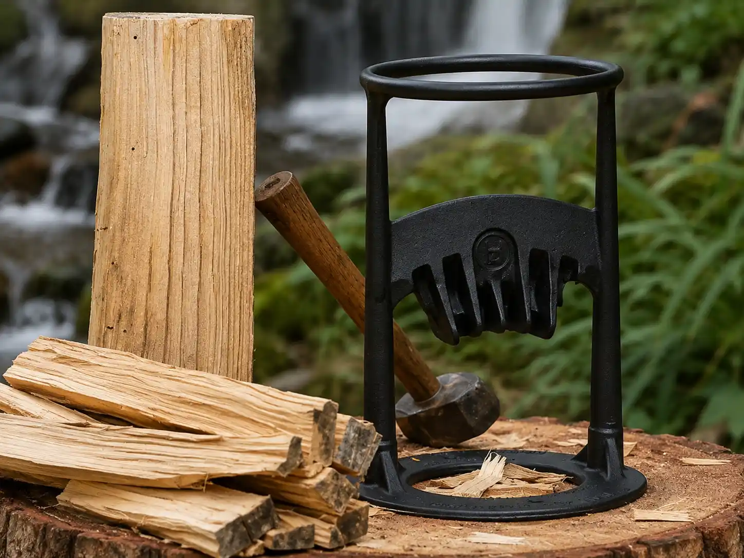 Manual gravity-assisted firewood splitter product concept shown outdoors with split logs