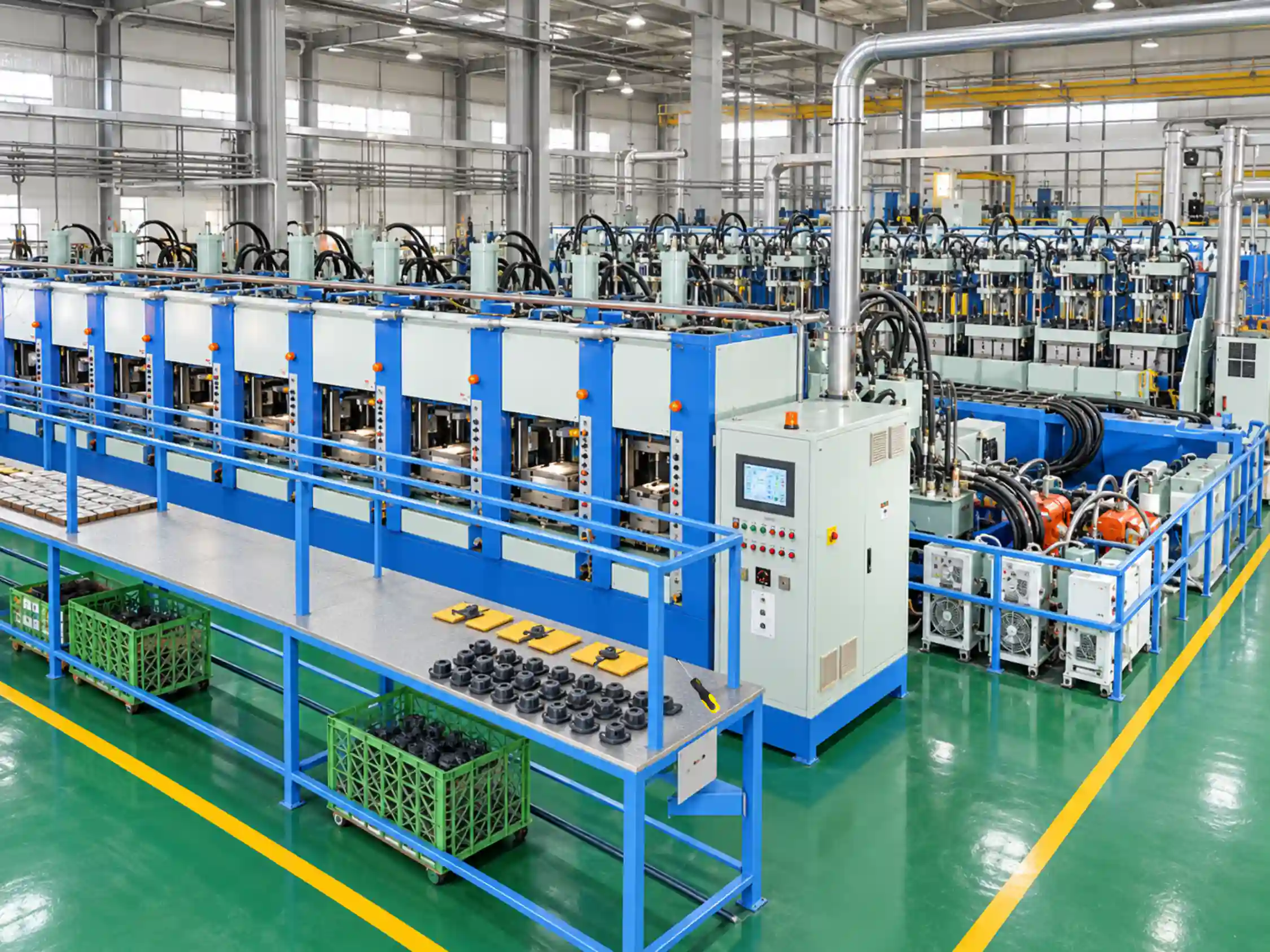 Rows of molding machines, control panels, and ventilation ducts on a factory production floor