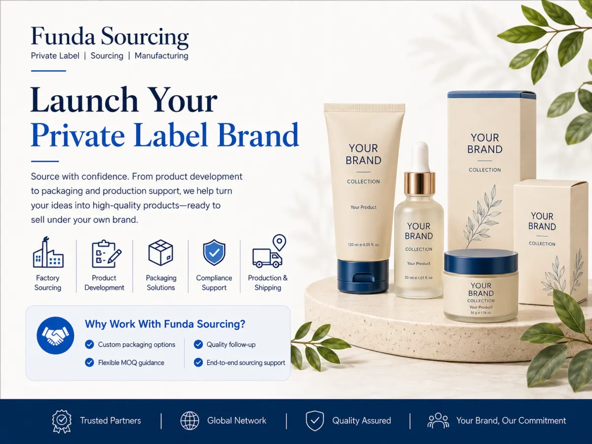 Private label cosmetics brand launch graphic with skincare packaging and sourcing service icons