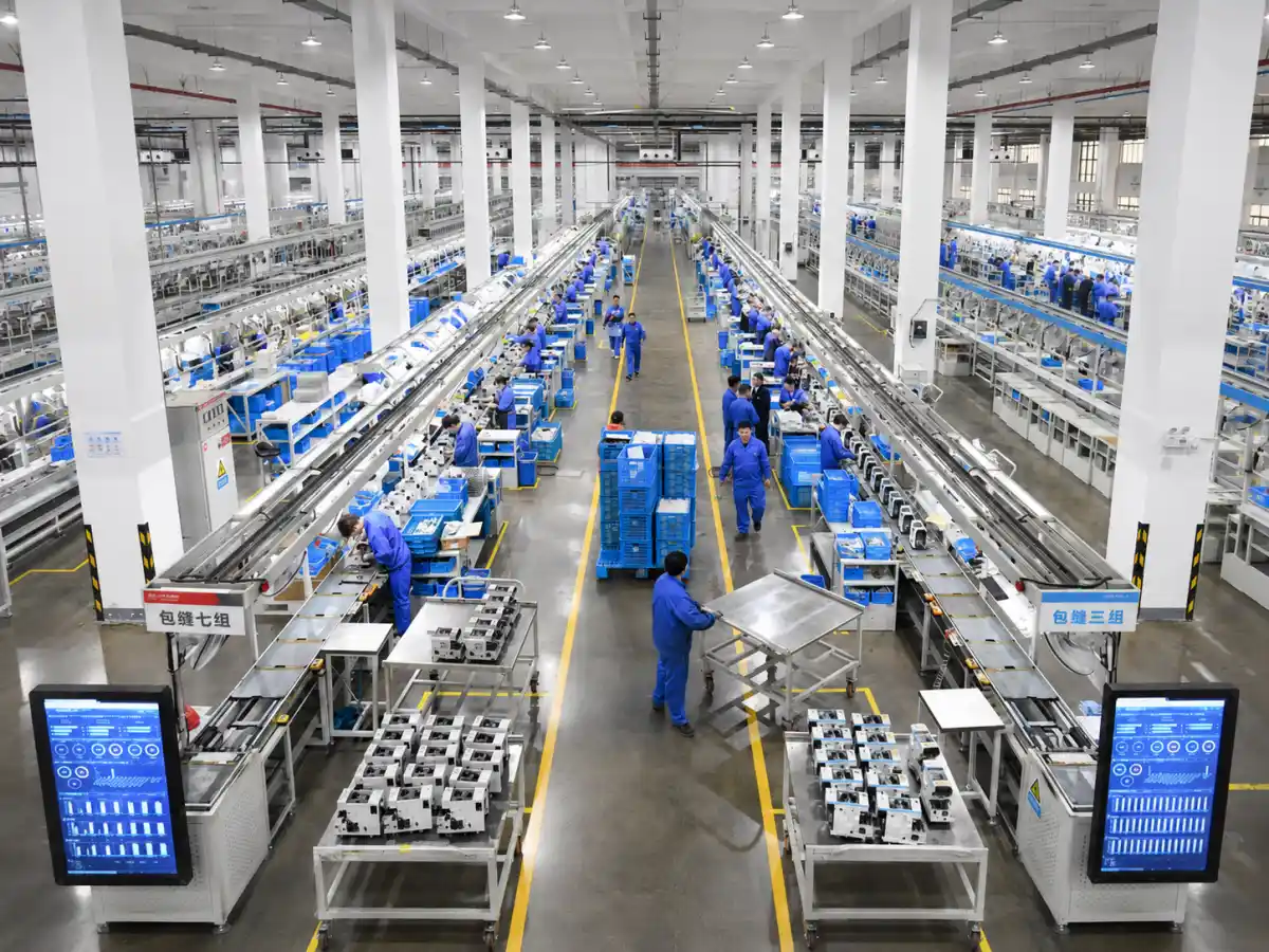 Factory production line with workers and equipment for private label product manufacturing