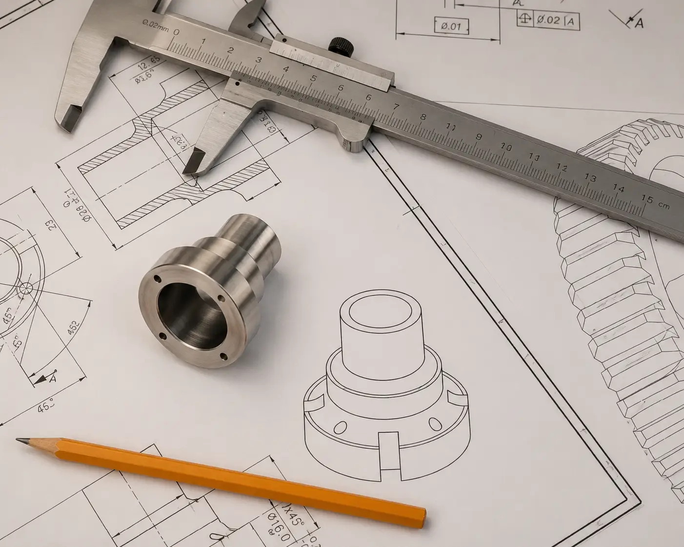 Product development engineering drawings and measurement tools for a custom mechanism