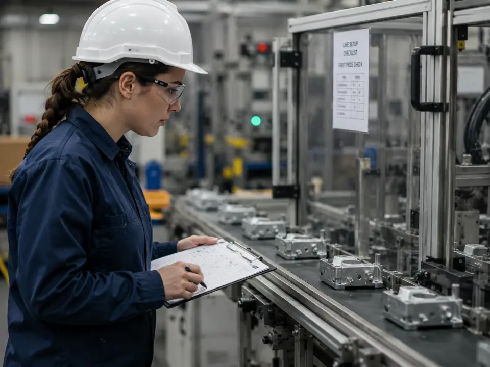 Inspector performing a first-piece check during production line setup