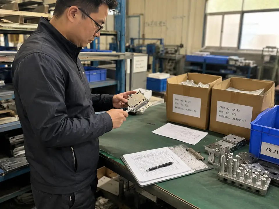 Inspector checking a component at a workstation before mass production
