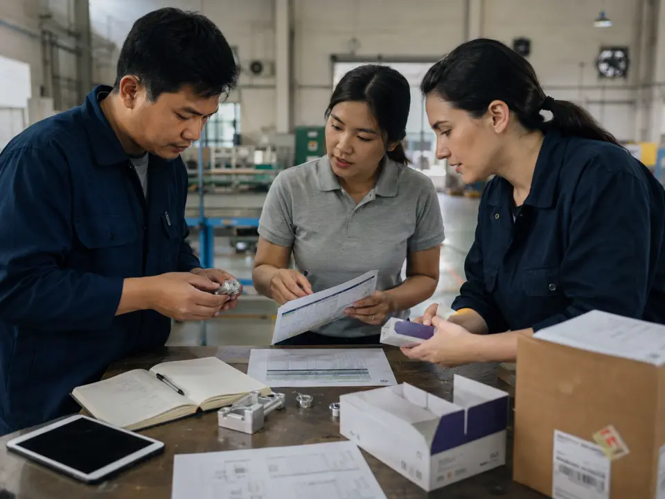 Quality control team reviewing samples, documents, and production requirements