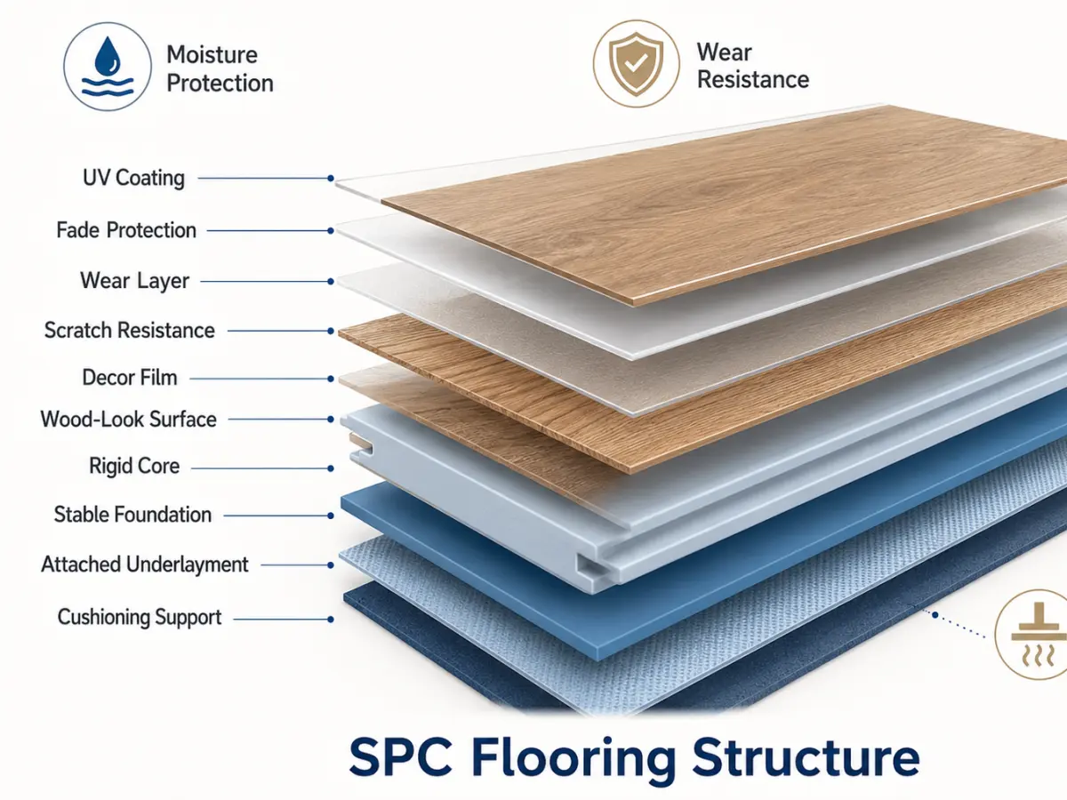 SPC flooring structure diagram showing wear layer, decor film, rigid core, underlayment, and cushioning support