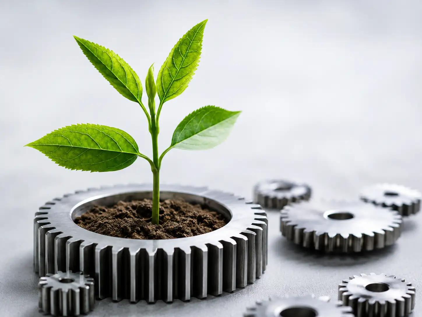 Sustainable product innovation represented by a growing plant and industrial gears